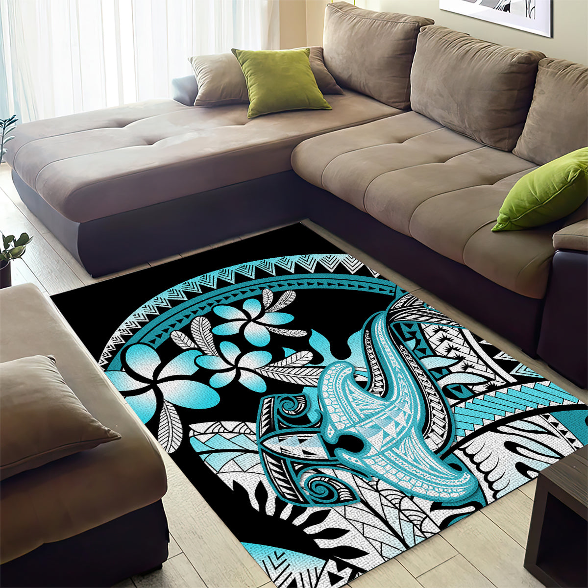 Turquoise Polynesian Hammerhead Shark Tattoo Area Rug Royal Plumeria Gradient Vibes LT14 - Polynesian Pride