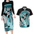 Turquoise Polynesian Hammerhead Shark Tattoo Couples Matching Long Sleeve Bodycon Dress and Hawaiian Shirt Royal Plumeria Gradient Vibes LT14 Turquoise - Polynesian Pride