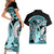 Turquoise Polynesian Hammerhead Shark Tattoo Couples Matching Short Sleeve Bodycon Dress and Hawaiian Shirt Royal Plumeria Gradient Vibes LT14 - Polynesian Pride