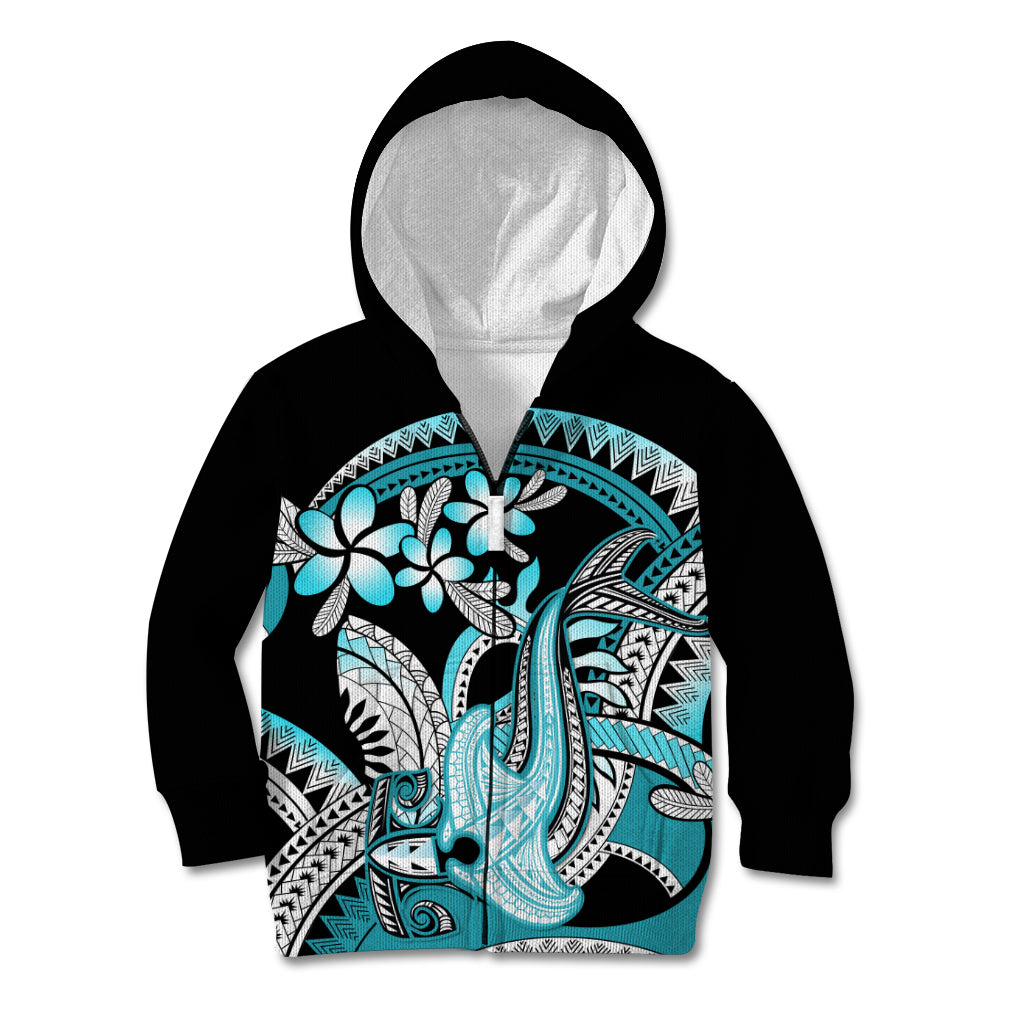 Turquoise Polynesian Hammerhead Shark Tattoo Kid Hoodie Royal Plumeria Gradient Vibes LT14 Zip Hoodie Turquoise - Polynesian Pride