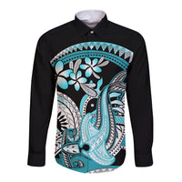 Turquoise Polynesian Hammerhead Shark Tattoo Long Sleeve Button Shirt Royal Plumeria Gradient Vibes LT14 Unisex Turquoise - Polynesian Pride