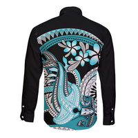 Turquoise Polynesian Hammerhead Shark Tattoo Long Sleeve Button Shirt Royal Plumeria Gradient Vibes LT14 - Polynesian Pride