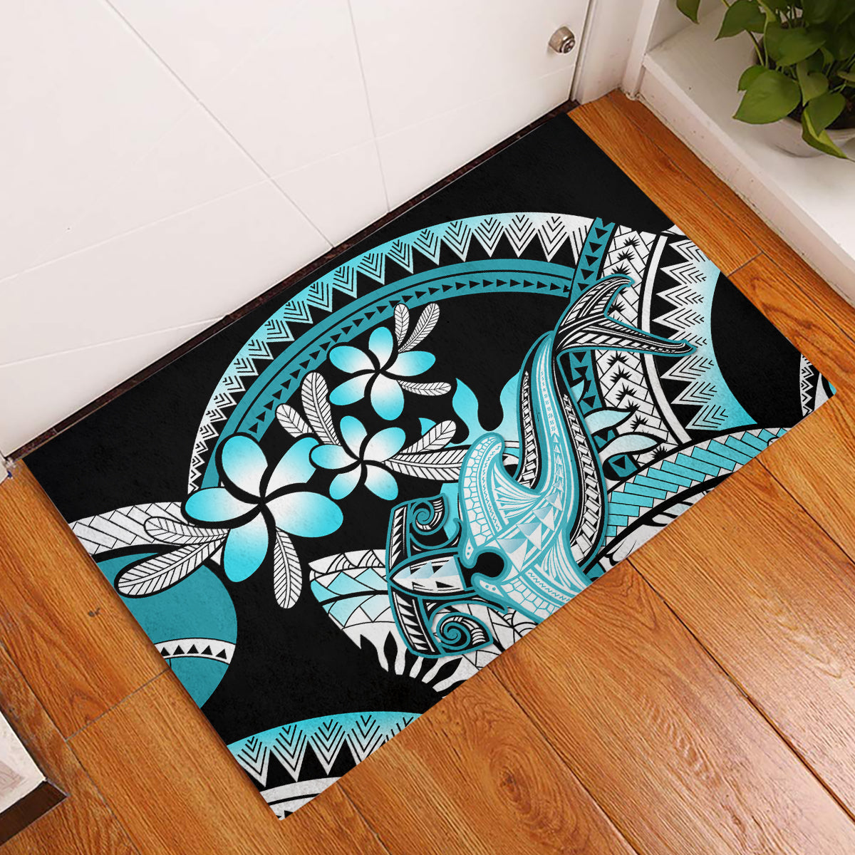 Turquoise Polynesian Hammerhead Shark Tattoo Rubber Doormat Royal Plumeria Gradient Vibes LT14 Turquoise - Polynesian Pride