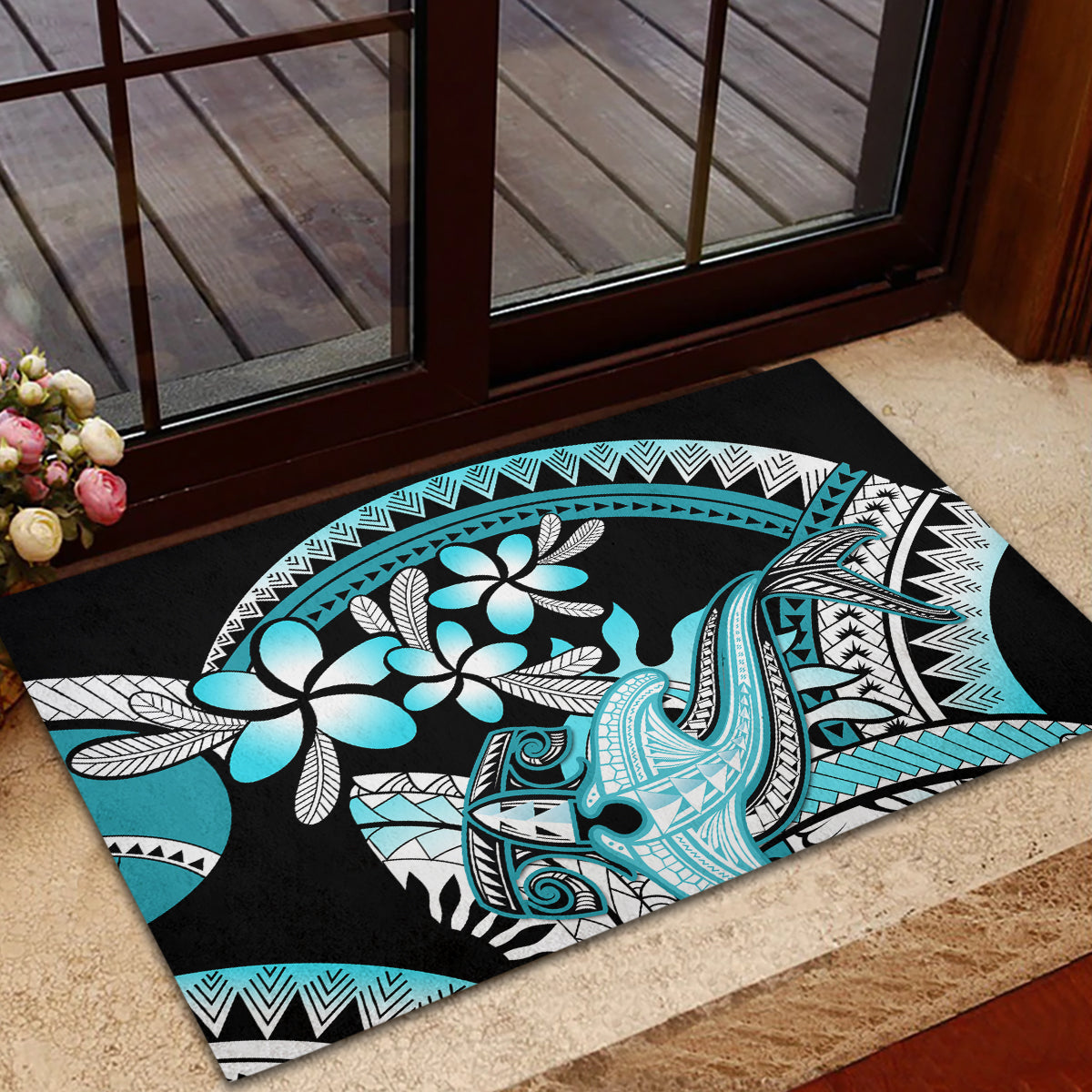 Turquoise Polynesian Hammerhead Shark Tattoo Rubber Doormat Royal Plumeria Gradient Vibes LT14 - Polynesian Pride
