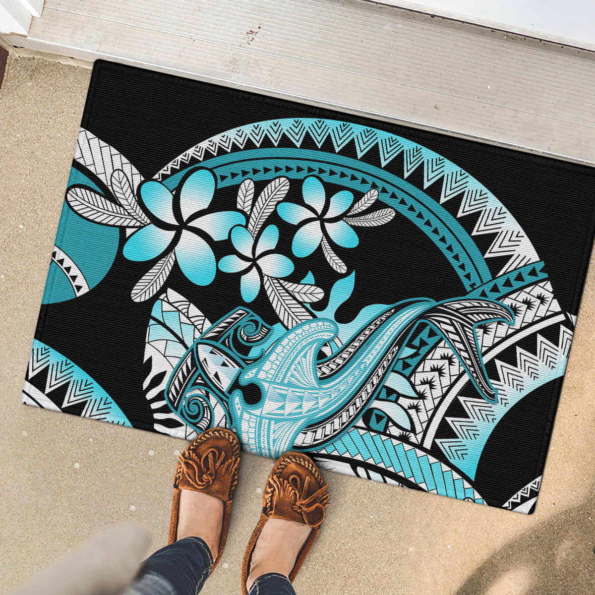 Turquoise Polynesian Hammerhead Shark Tattoo Rubber Doormat Royal Plumeria Gradient Vibes LT14 - Polynesian Pride