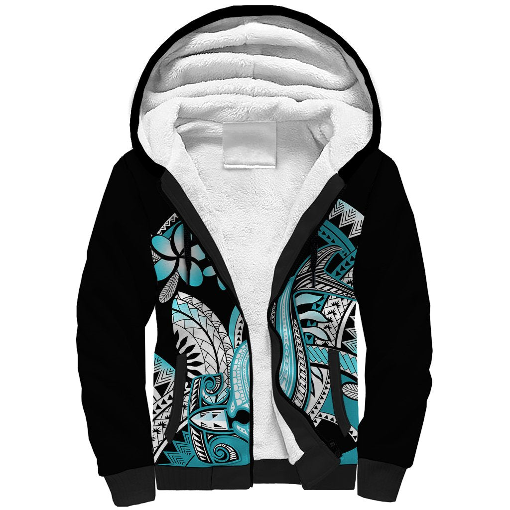Turquoise Polynesian Hammerhead Shark Tattoo Sherpa Hoodie Royal Plumeria Gradient Vibes LT14 Unisex Turquoise - Polynesian Pride