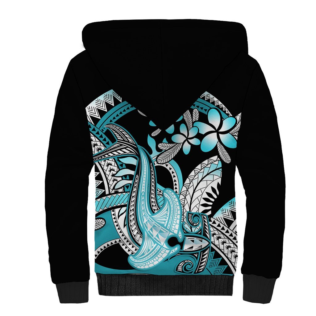 Turquoise Polynesian Hammerhead Shark Tattoo Sherpa Hoodie Royal Plumeria Gradient Vibes LT14 - Polynesian Pride