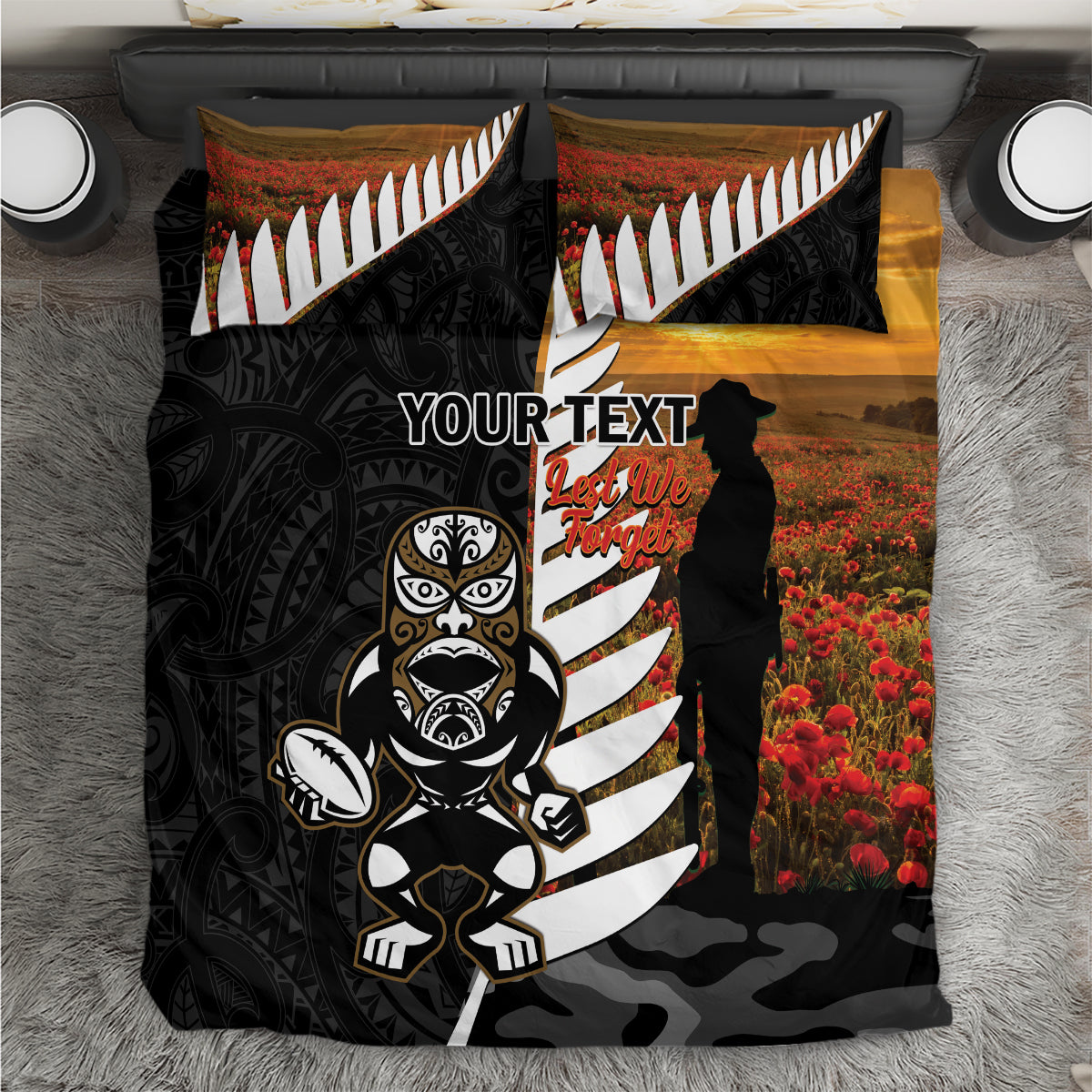 Custom New Zealand Silver Fern Rugby ANZAC Day Bedding Set 2024 All Black Tiki Mascot LT14 Black - Polynesian Pride