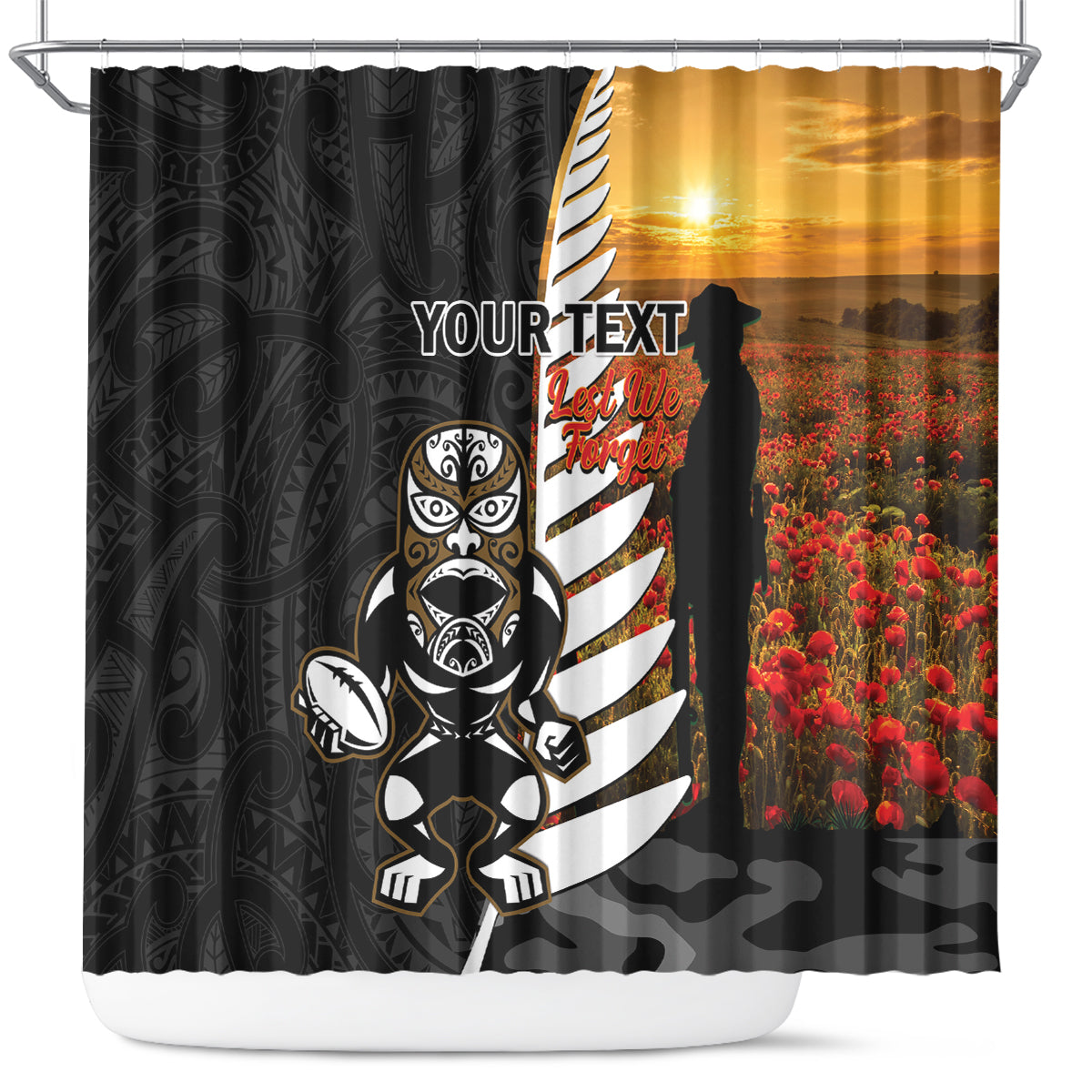 Custom New Zealand Silver Fern Rugby ANZAC Day Shower Curtain 2024 All Black Tiki Mascot LT14 Black - Polynesian Pride