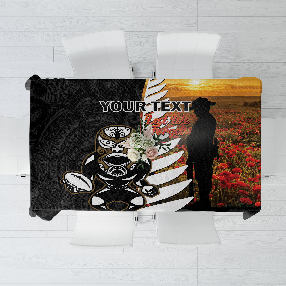 Custom New Zealand Silver Fern Rugby ANZAC Day Tablecloth 2024 All Black Tiki Mascot LT14 Black - Polynesian Pride