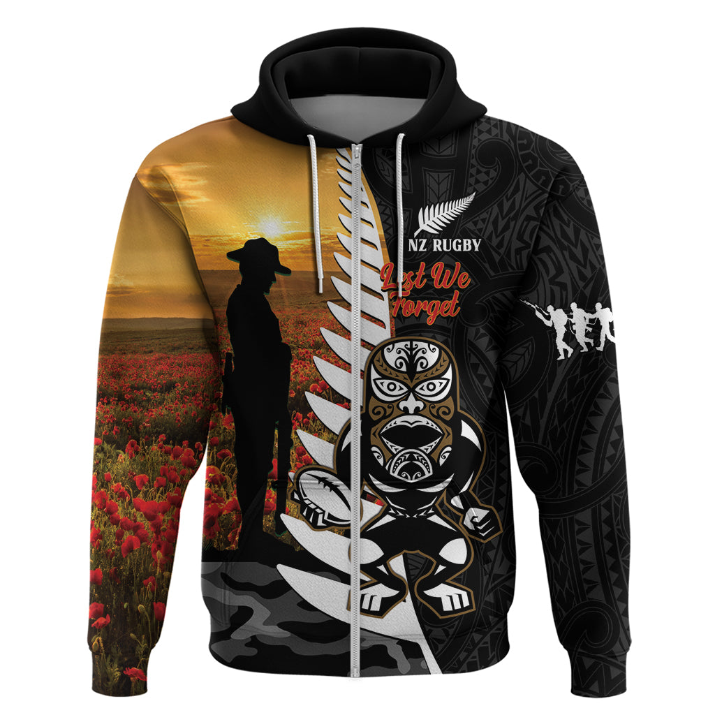 Custom New Zealand Silver Fern Rugby ANZAC Day Zip Hoodie 2024 All Black Tiki Mascot LT14 Zip Hoodie Black - Polynesian Pride