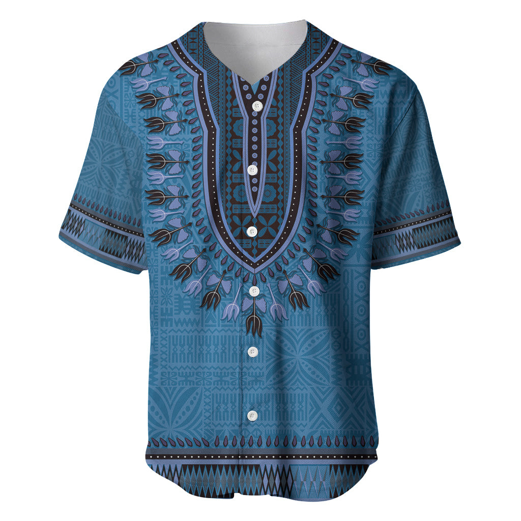 Blue African Dashiki With Fijian Tapa Pattern Baseball Jersey LT14 Blue - Polynesian Pride