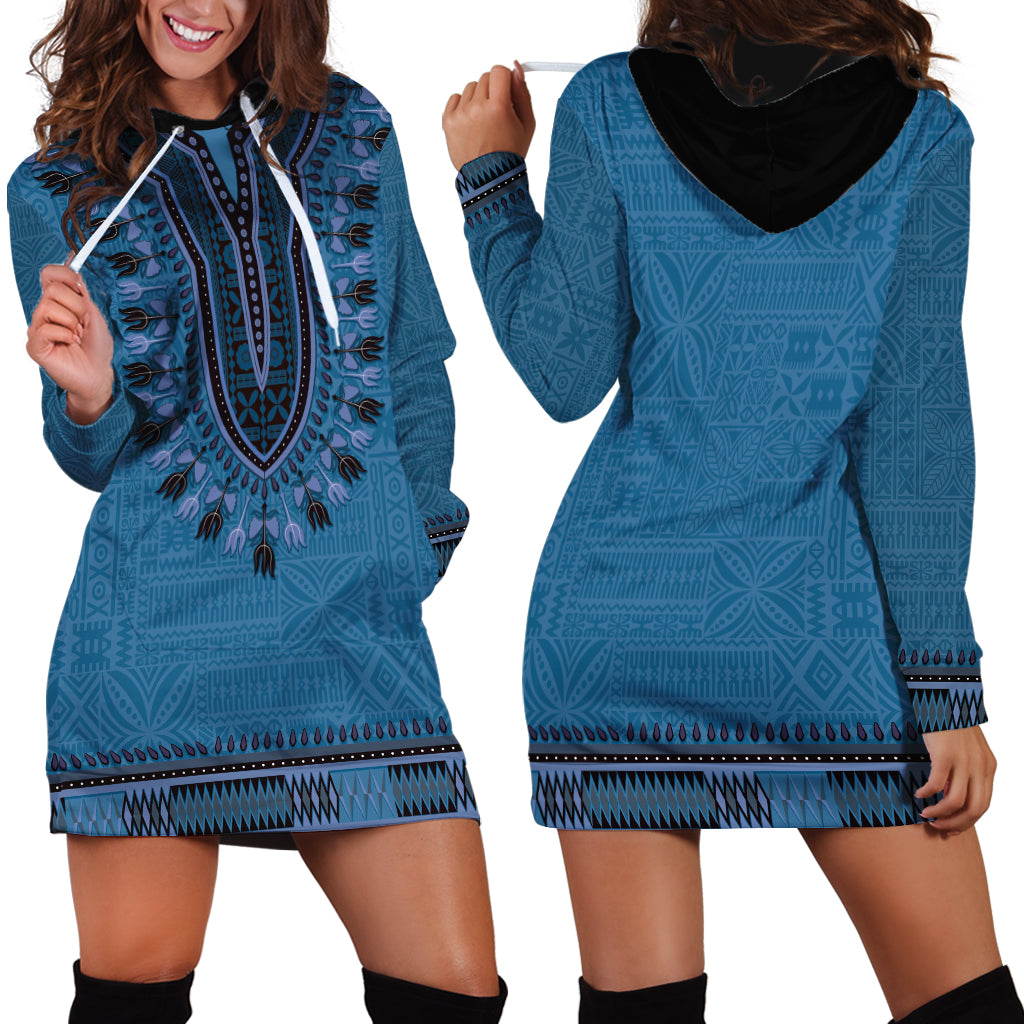 Blue African Dashiki With Fijian Tapa Pattern Hoodie Dress LT14 - Polynesian Pride