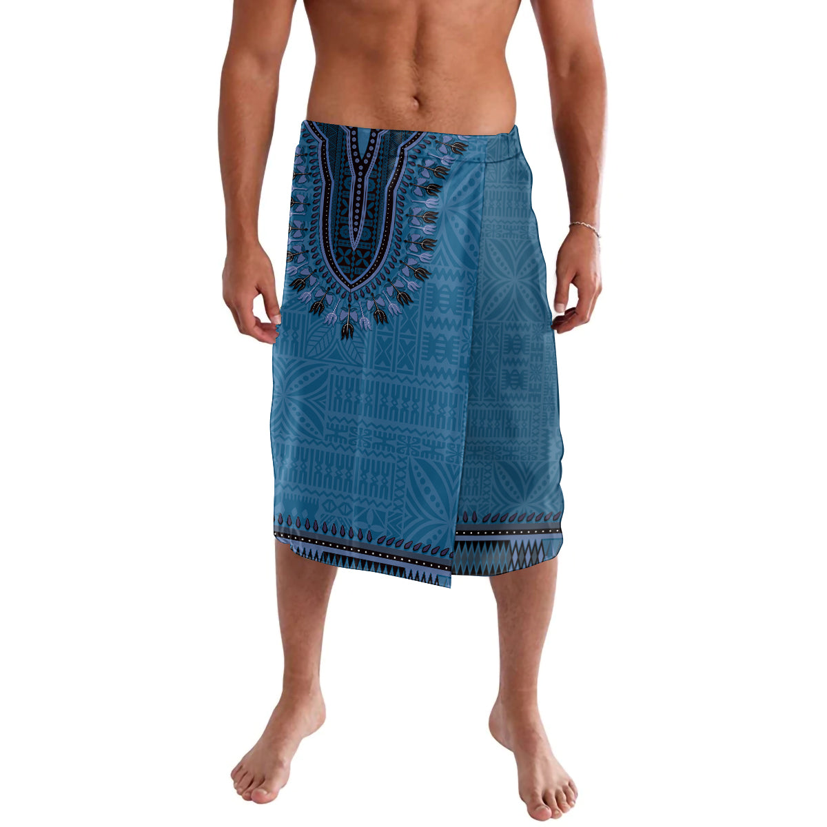 Blue African Dashiki With Fijian Tapa Pattern Lavalava LT14 Blue - Polynesian Pride