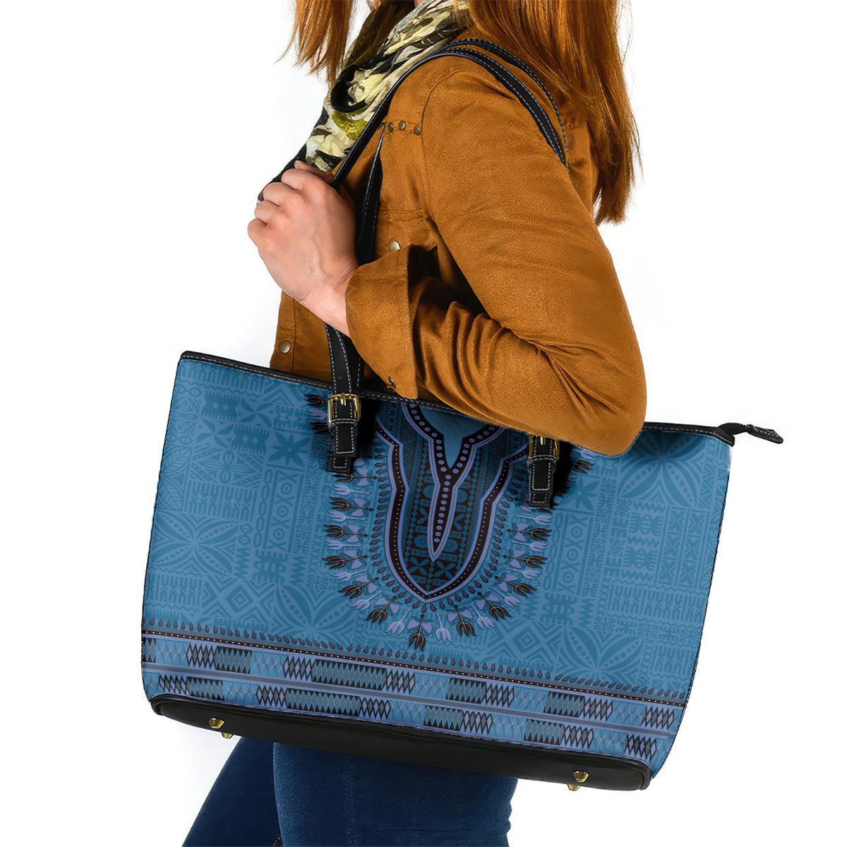Blue African Dashiki With Fijian Tapa Pattern Leather Tote Bag LT14 Blue - Polynesian Pride