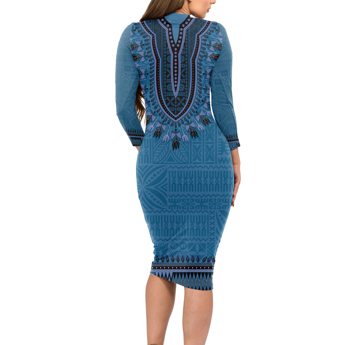 Blue African Dashiki With Fijian Tapa Pattern Long Sleeve Bodycon Dress LT14 - Polynesian Pride