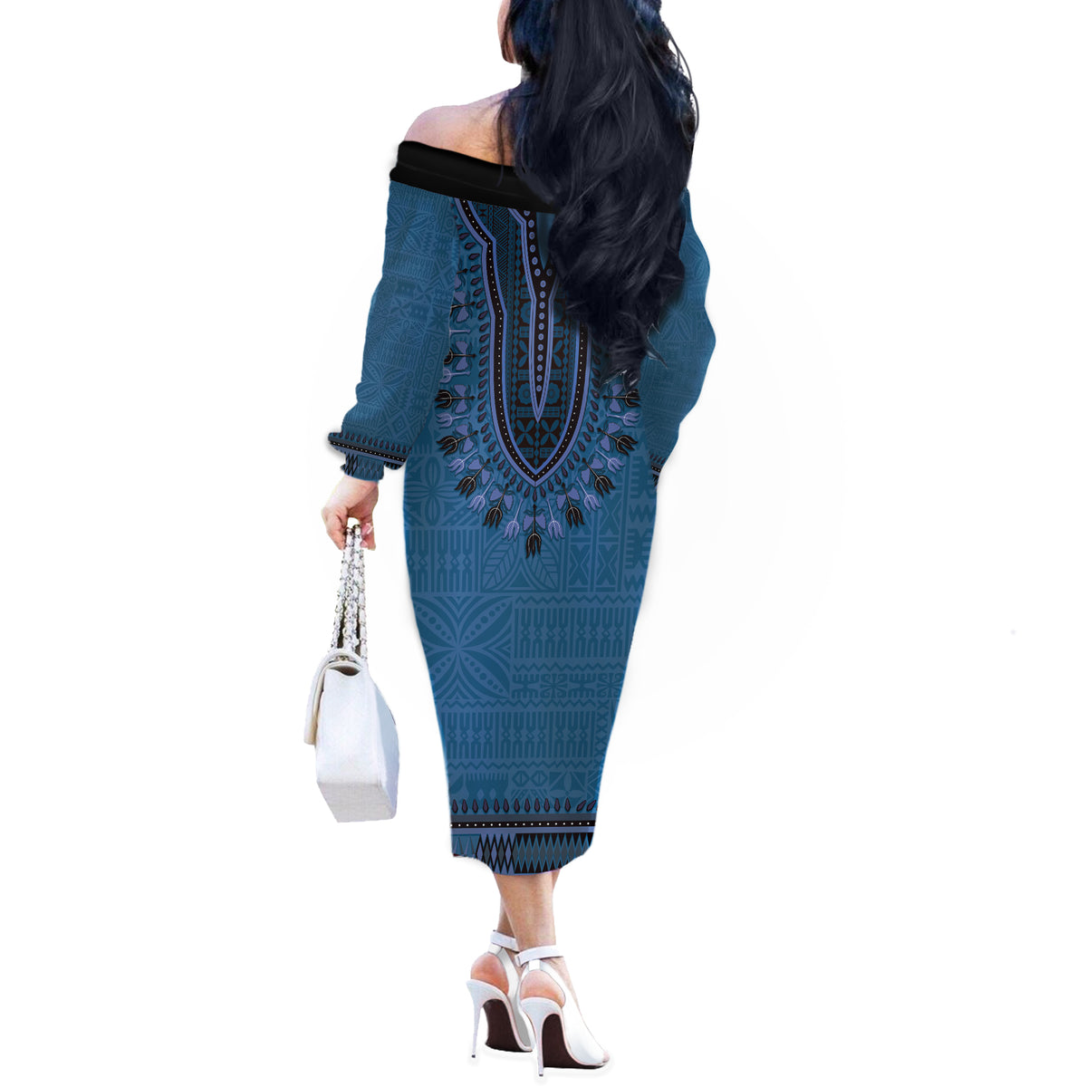 Blue African Dashiki With Fijian Tapa Pattern Off The Shoulder Long Sleeve Dress LT14 - Polynesian Pride