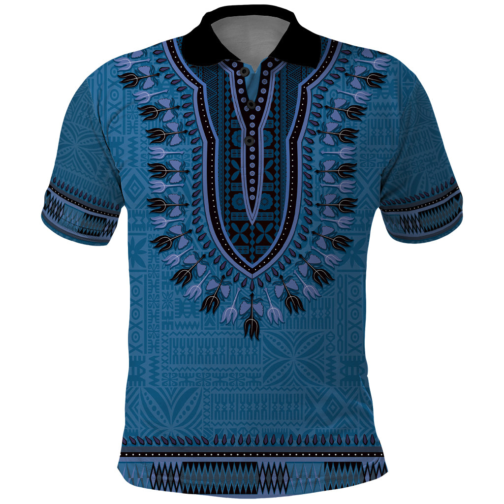 Blue African Dashiki With Fijian Tapa Pattern Polo Shirt LT14 Blue - Polynesian Pride