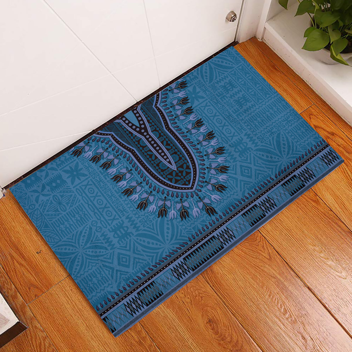 Blue African Dashiki With Fijian Tapa Pattern Rubber Doormat LT14 Blue - Polynesian Pride