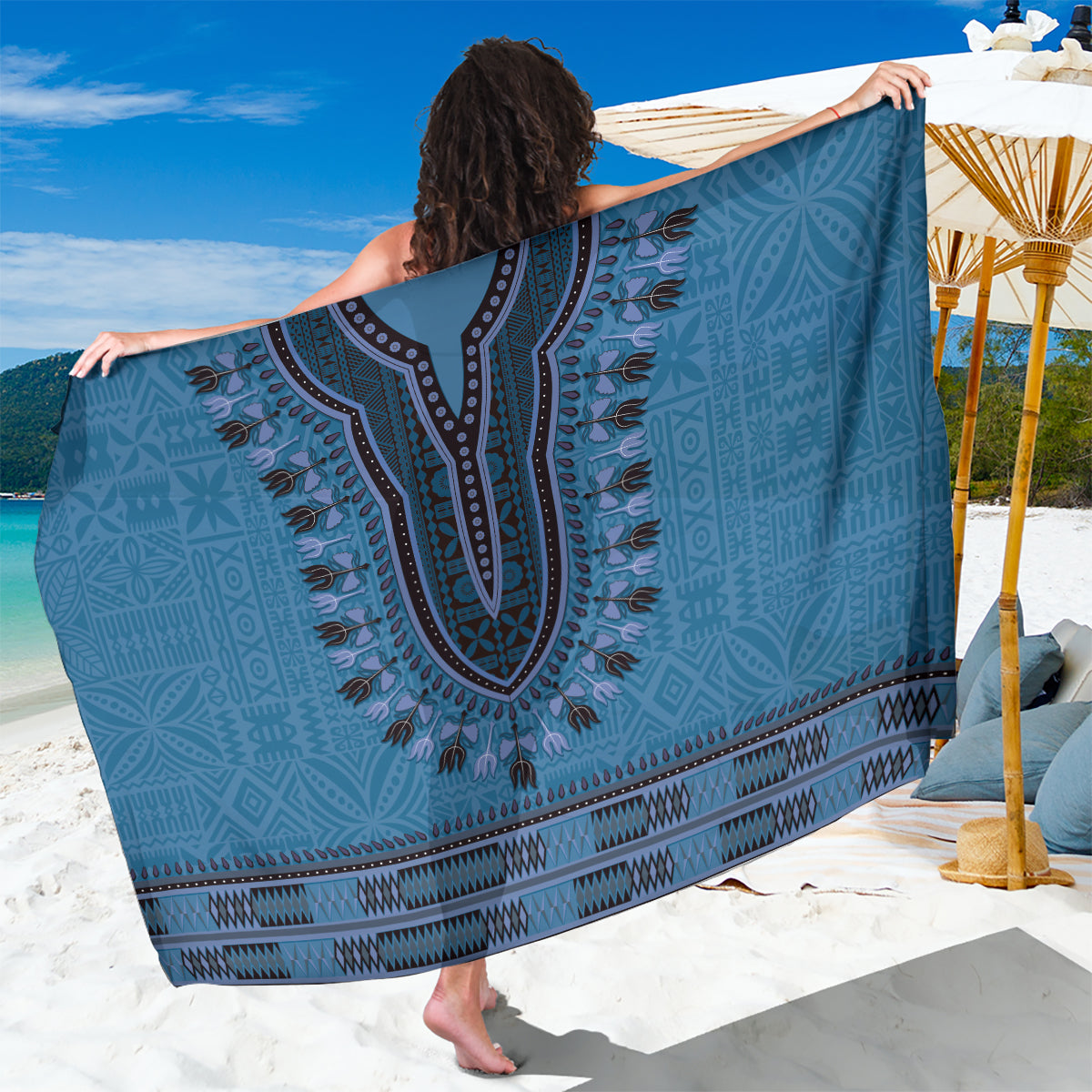 Blue African Dashiki With Fijian Tapa Pattern Sarong