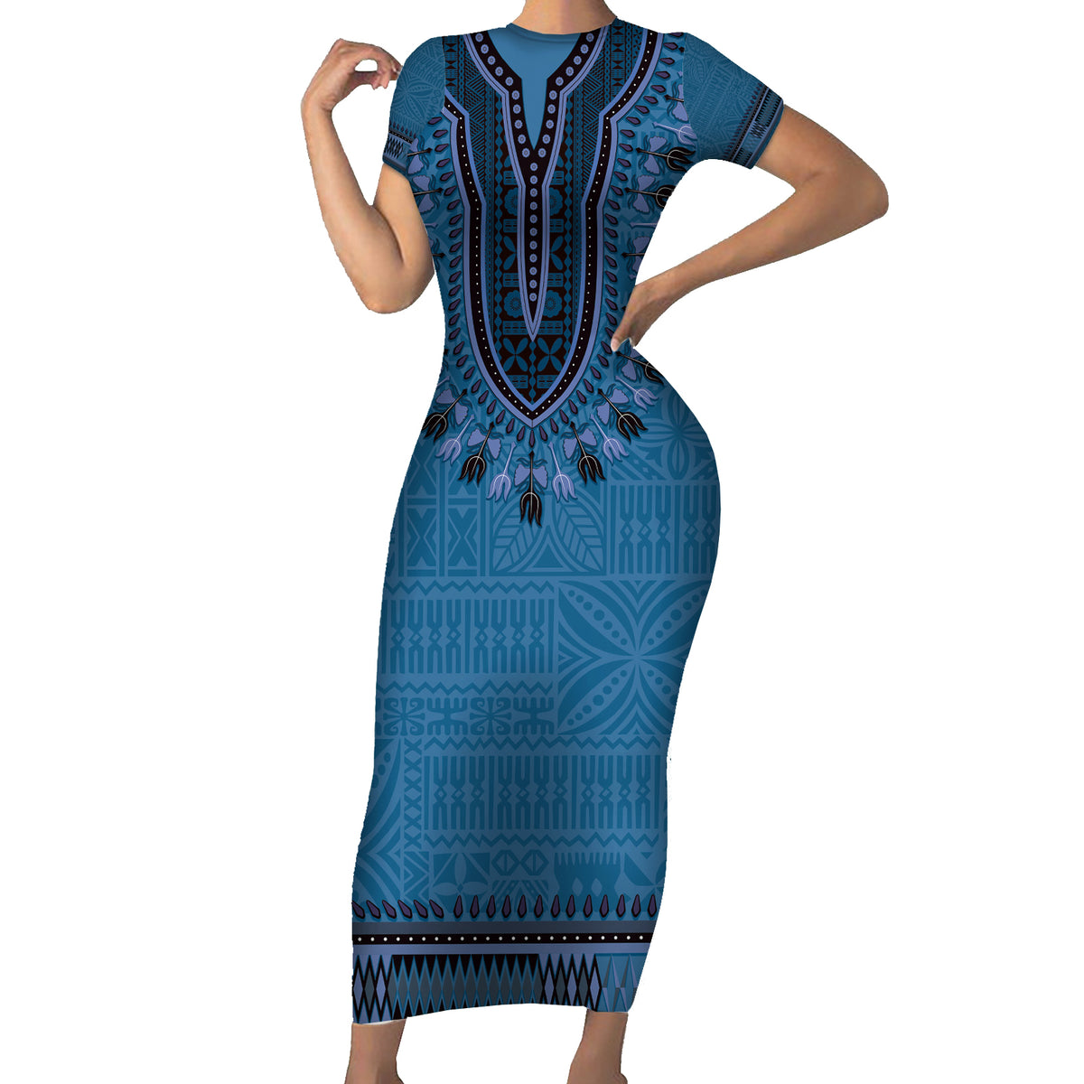 Blue African Dashiki With Fijian Tapa Pattern Short Sleeve Bodycon Dress LT14 Long Dress Blue - Polynesian Pride
