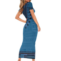 Blue African Dashiki With Fijian Tapa Pattern Short Sleeve Bodycon Dress LT14 - Polynesian Pride