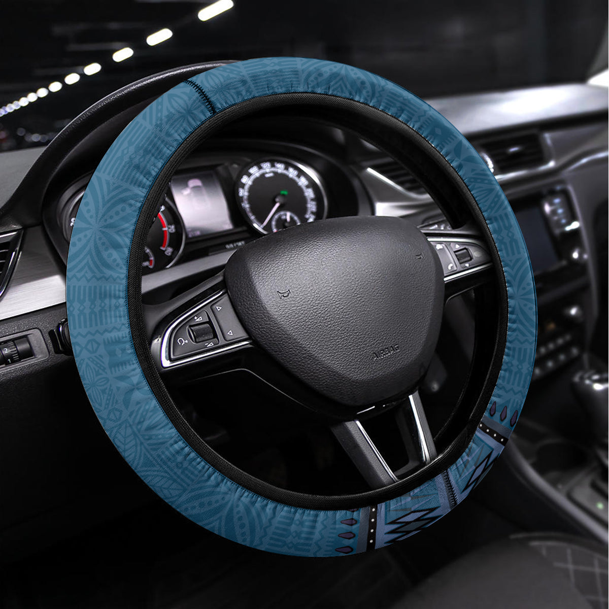 Blue African Dashiki With Fijian Tapa Pattern Steering Wheel Cover LT14 Universal Fit Blue - Polynesian Pride