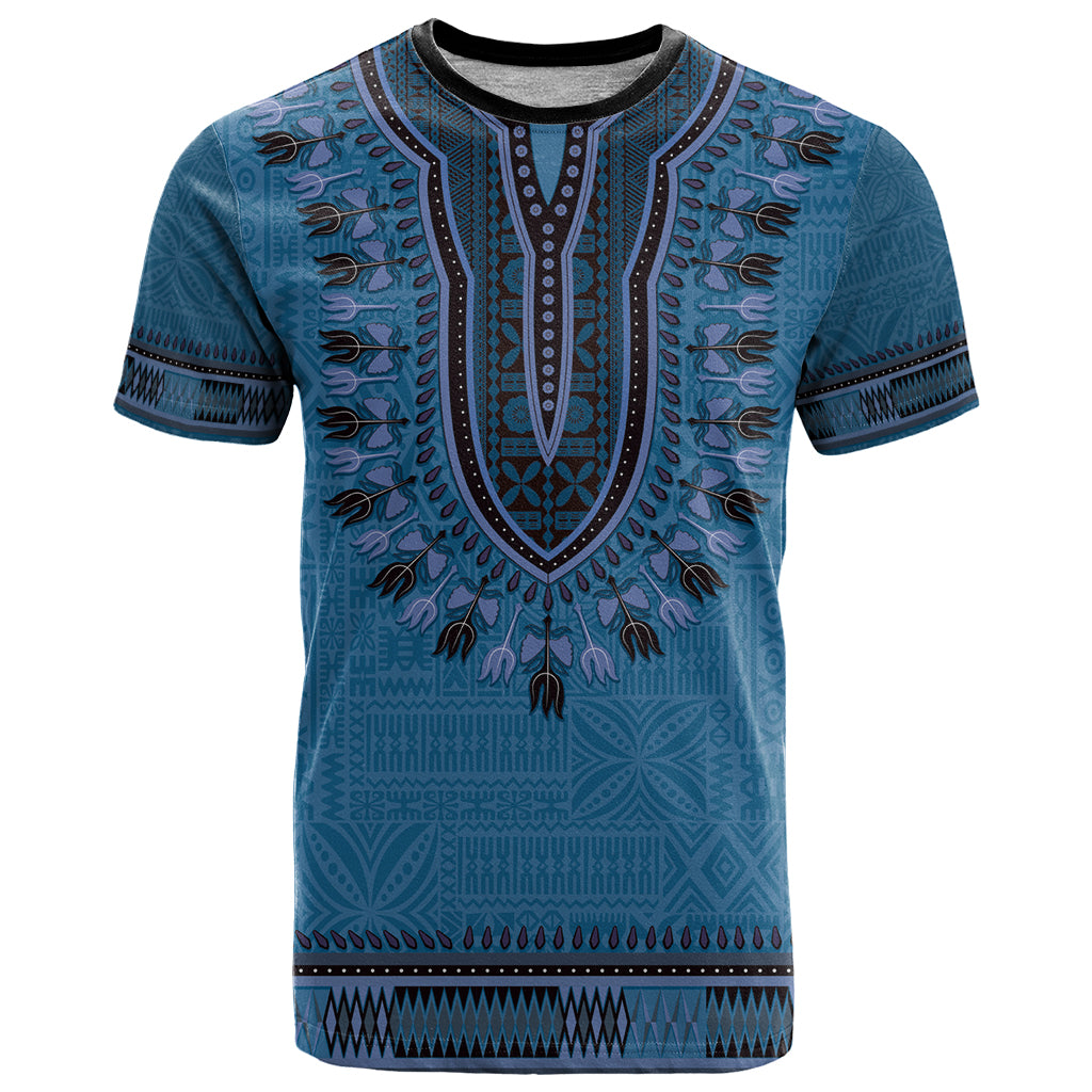 Blue African Dashiki With Fijian Tapa Pattern T Shirt LT14 Blue - Polynesian Pride