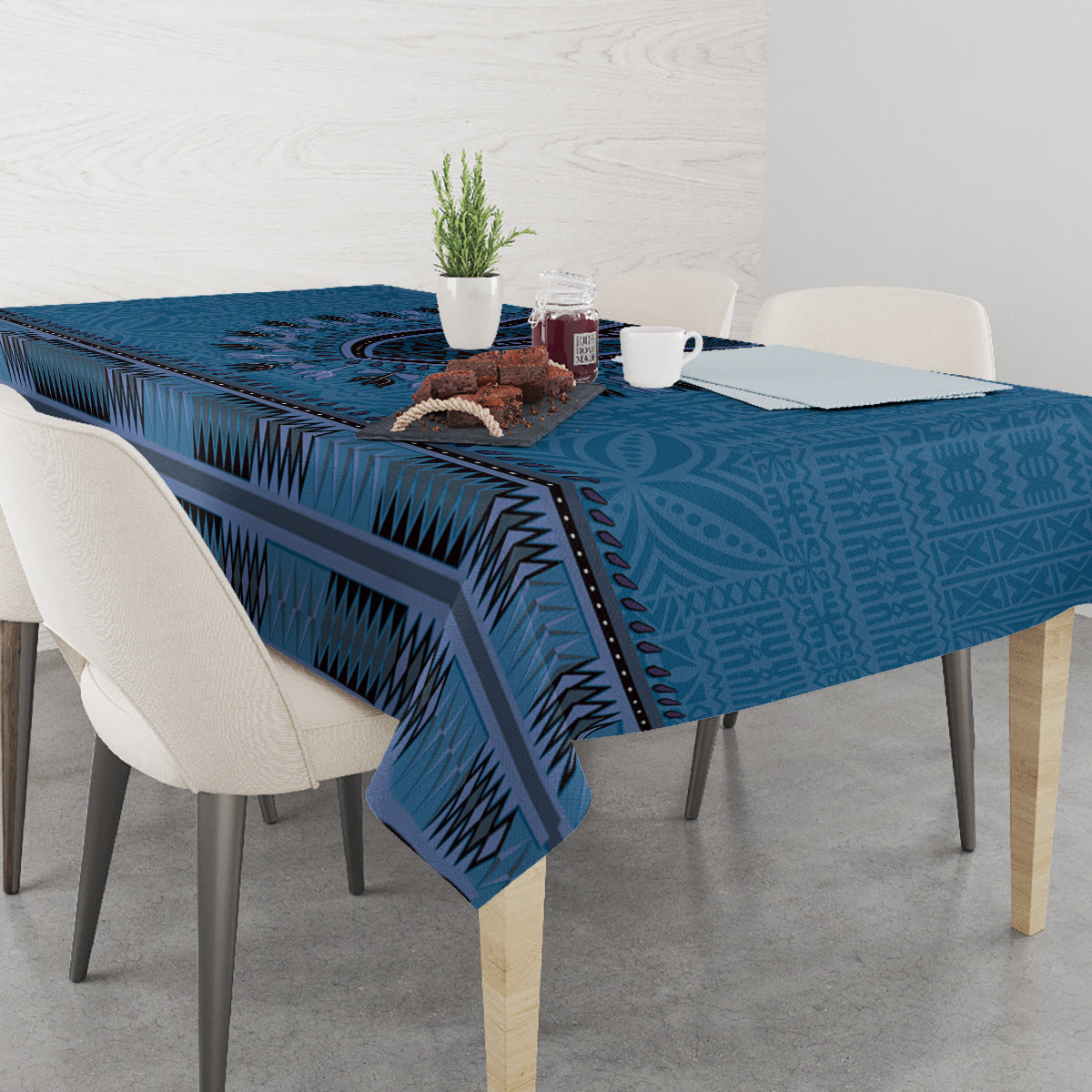 Blue African Dashiki With Fijian Tapa Pattern Tablecloth LT14 - Polynesian Pride