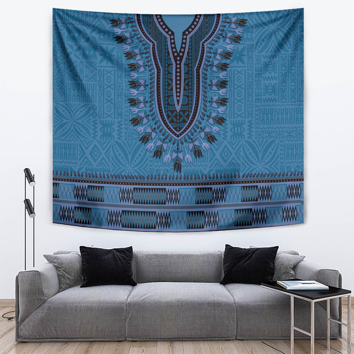 Blue African Dashiki With Fijian Tapa Pattern Tapestry LT14 Blue - Polynesian Pride