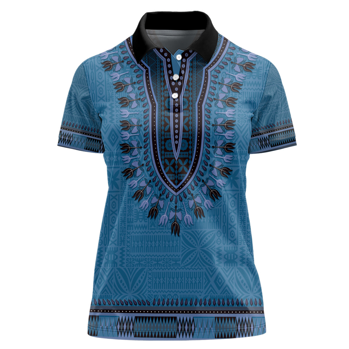 Blue African Dashiki With Fijian Tapa Pattern Women Polo Shirt LT14 Female Blue - Polynesian Pride