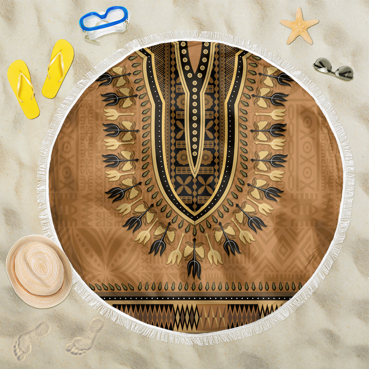 Brown African Dashiki With Fijian Tapa Pattern Beach Blanket LT14 One Size 150cm Brown - Polynesian Pride