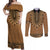 Brown African Dashiki With Fijian Tapa Pattern Couples Matching Off Shoulder Maxi Dress and Long Sleeve Button Shirt