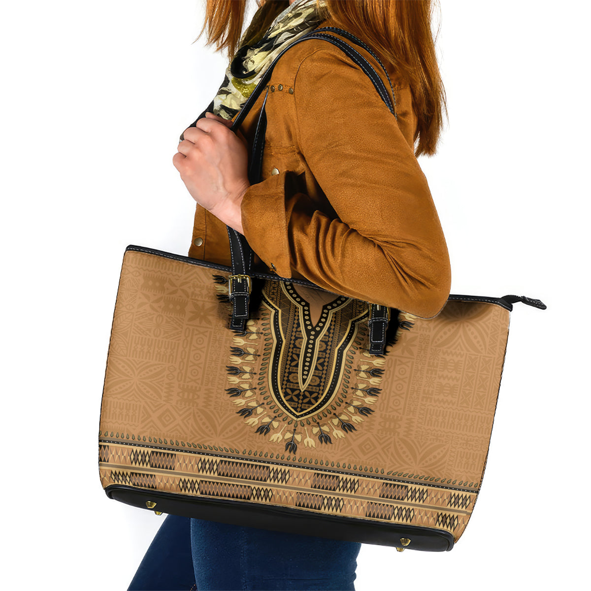 Brown African Dashiki With Fijian Tapa Pattern Leather Tote Bag LT14 Brown - Polynesian Pride