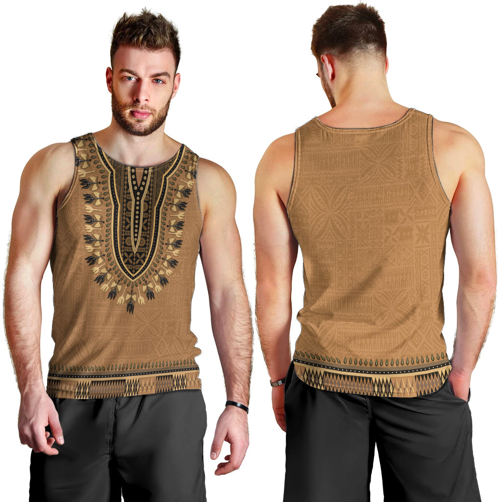 Brown African Dashiki With Fijian Tapa Pattern Men Tank Top LT14 - Polynesian Pride