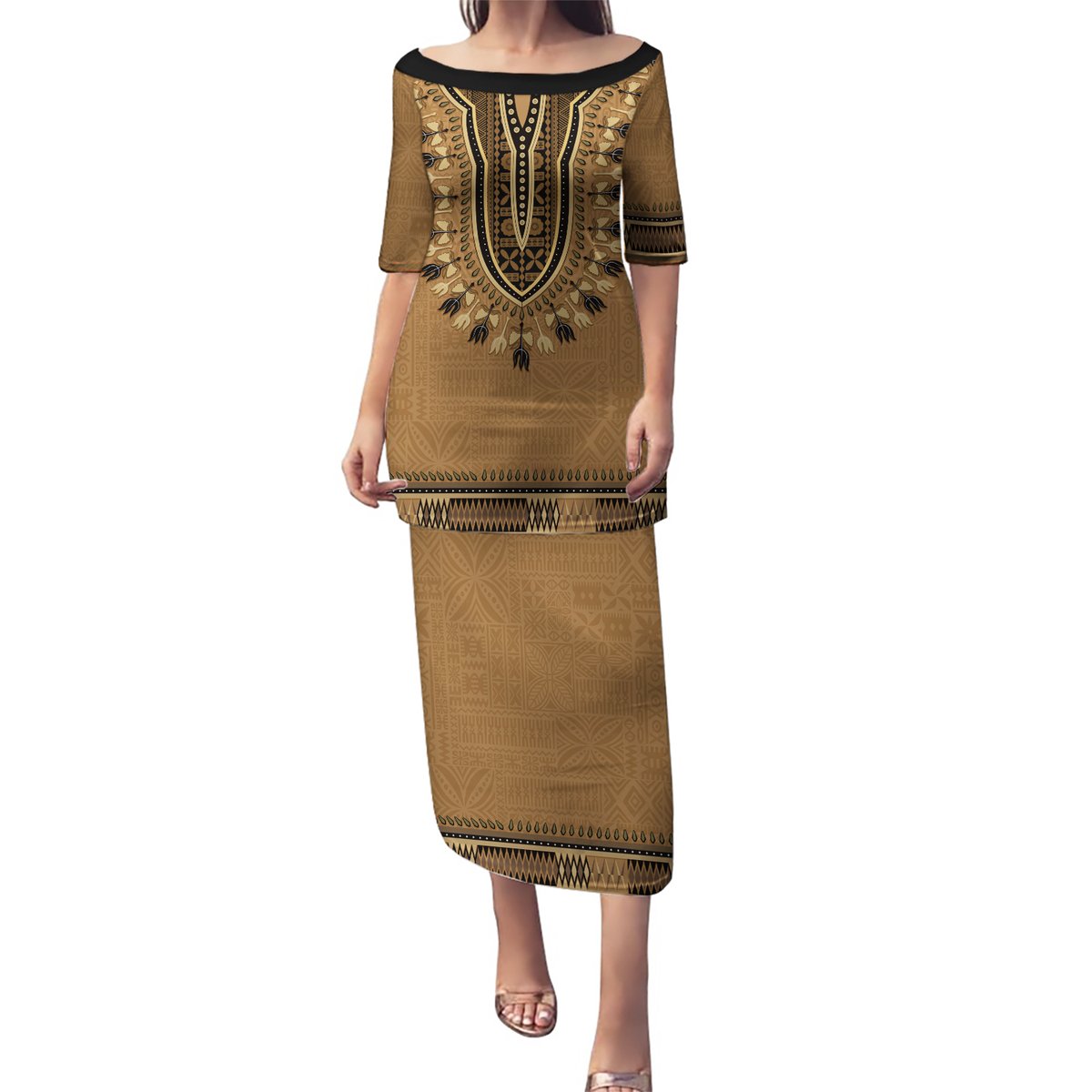 Brown African Dashiki With Fijian Tapa Pattern Puletasi LT14 Long Dress Brown - Polynesian Pride