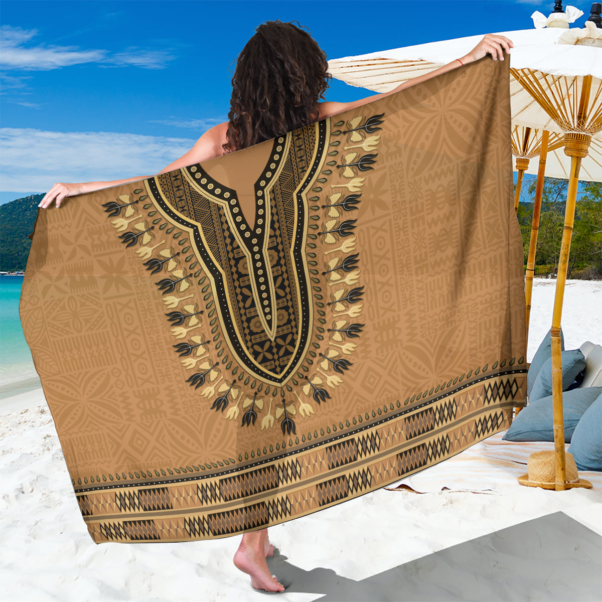 Brown African Dashiki With Fijian Tapa Pattern Sarong LT14 One Size 44 x 66 inches Brown - Polynesian Pride