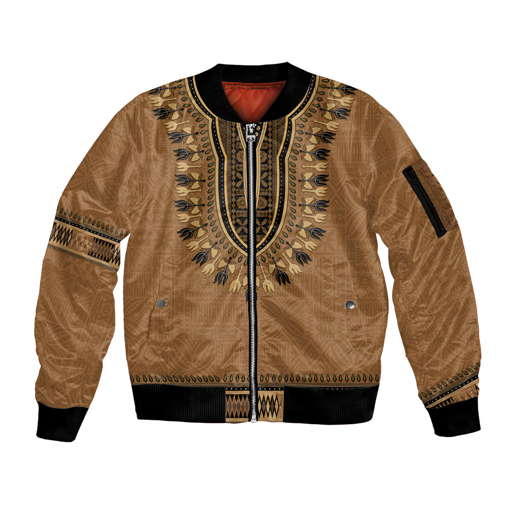 Brown African Dashiki With Fijian Tapa Pattern Sleeve Zip Bomber Jacket LT14 Unisex Brown - Polynesian Pride