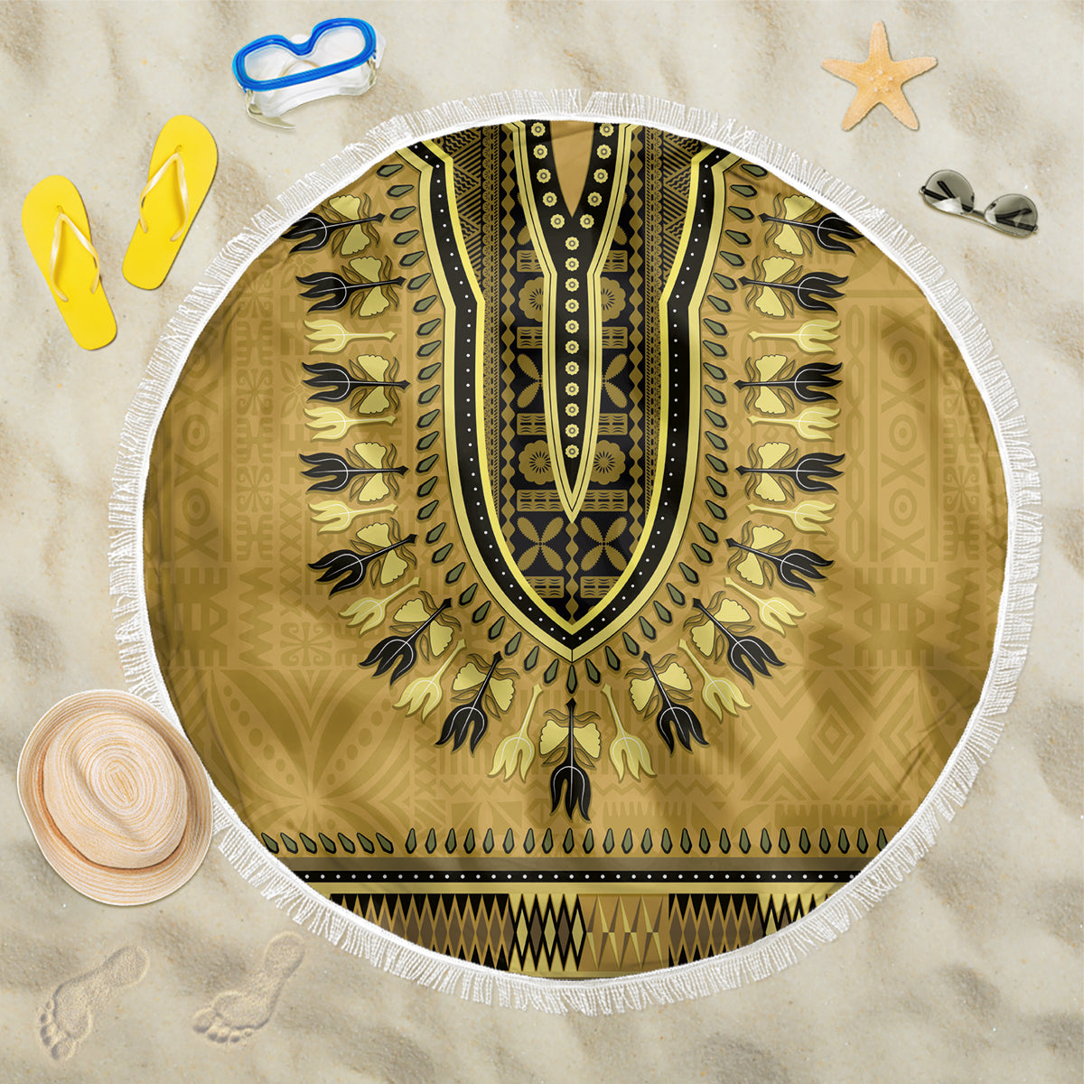 Gold African Dashiki With Fijian Tapa Pattern Beach Blanket LT14 One Size 150cm Gold - Polynesian Pride