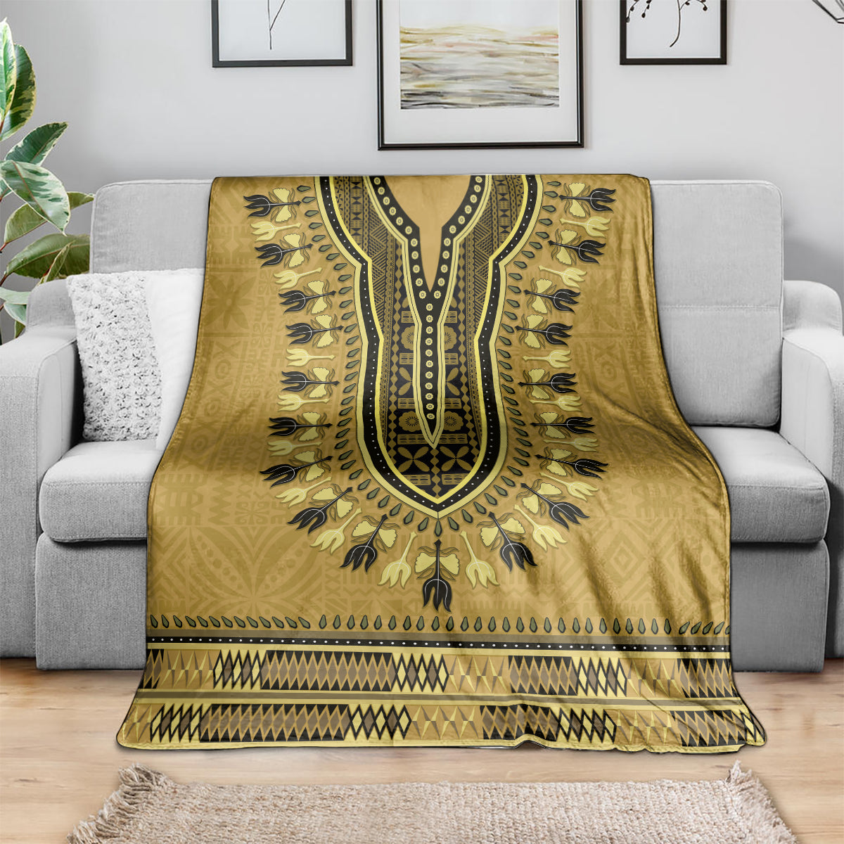Gold African Dashiki With Fijian Tapa Pattern Blanket LT14 - Polynesian Pride