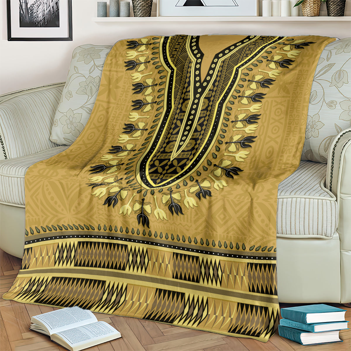 Gold African Dashiki With Fijian Tapa Pattern Blanket LT14 - Polynesian Pride