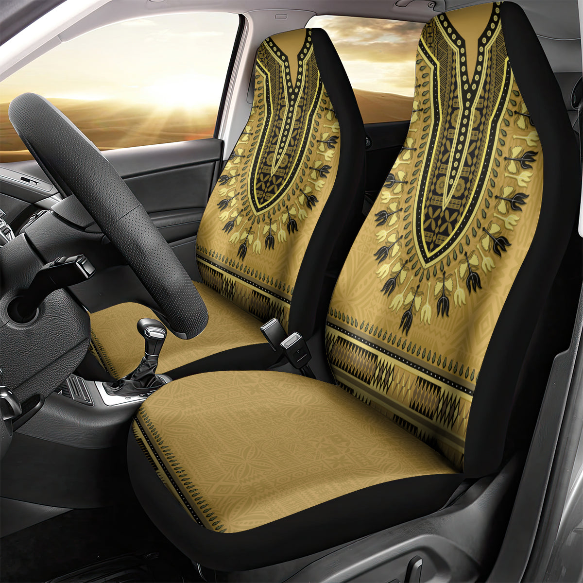 Gold African Dashiki With Fijian Tapa Pattern Car Seat Cover LT14 - Polynesian Pride