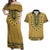 Gold African Dashiki With Fijian Tapa Pattern Couples Matching Off Shoulder Maxi Dress and Hawaiian Shirt