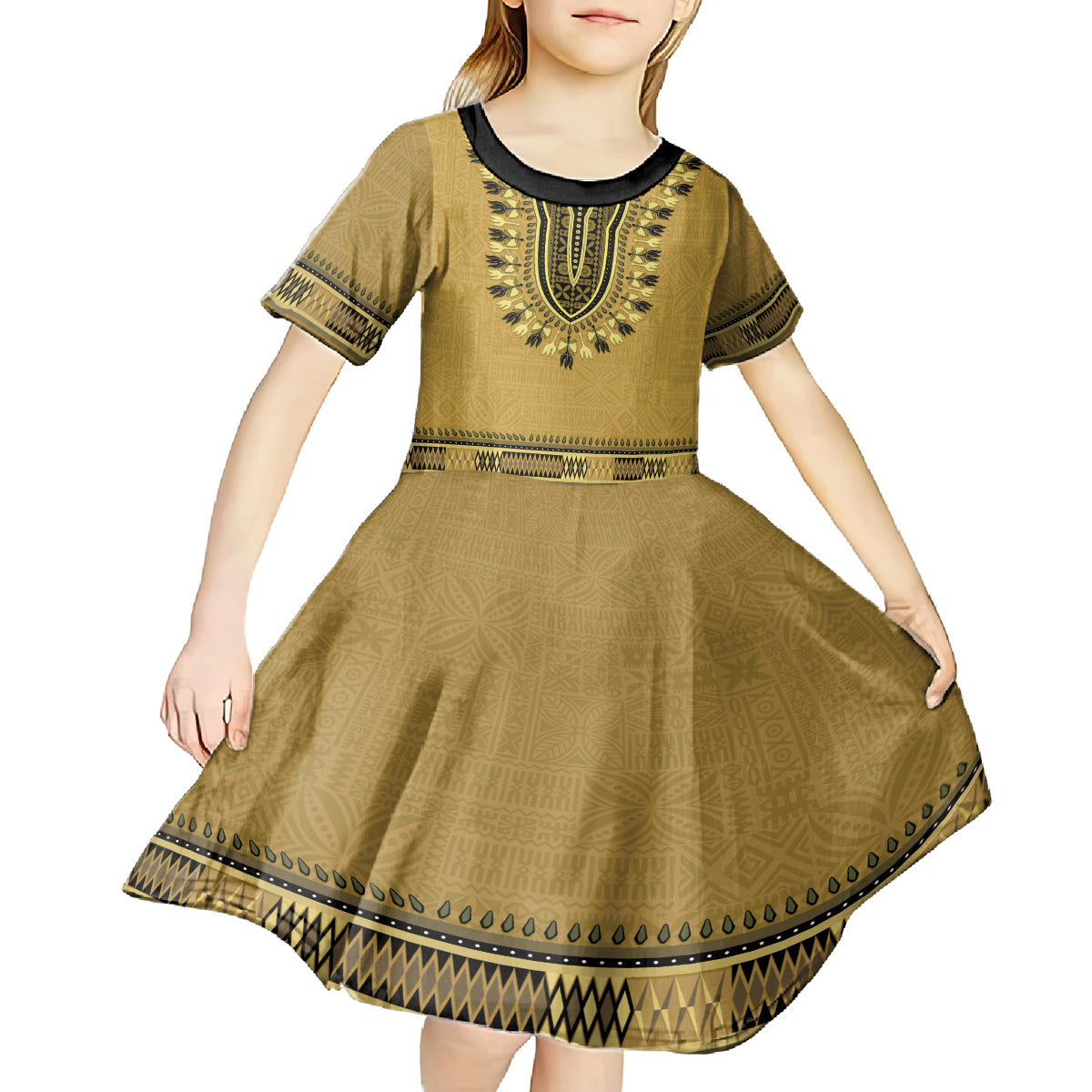 Gold African Dashiki With Fijian Tapa Pattern Kid Short Sleeve Dress LT14 - Polynesian Pride
