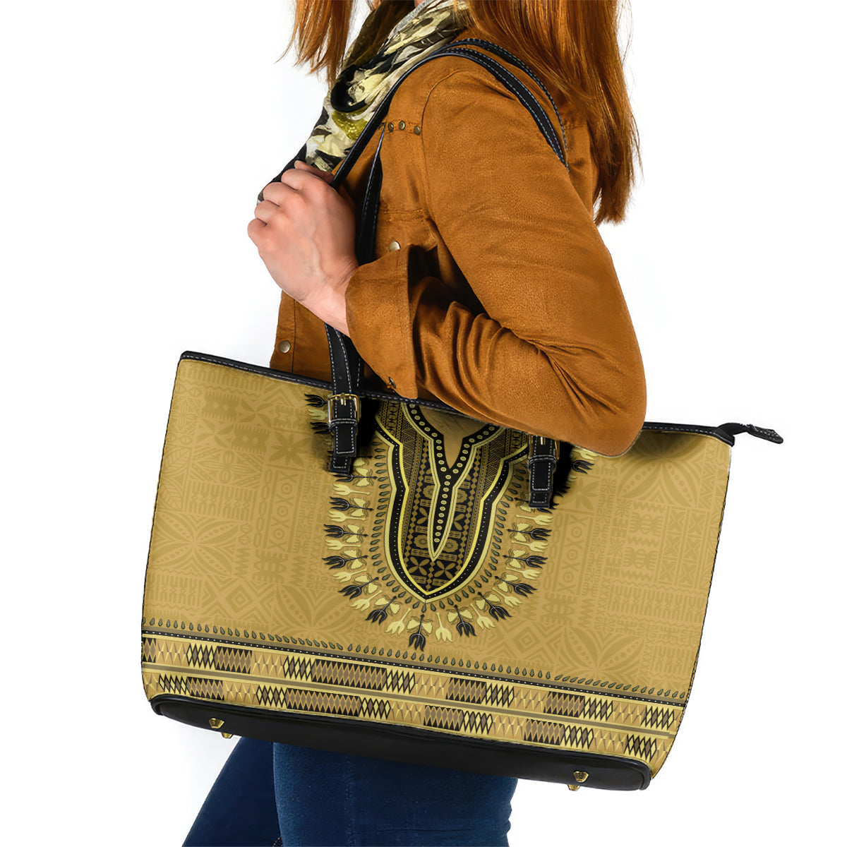 Gold African Dashiki With Fijian Tapa Pattern Leather Tote Bag LT14 Gold - Polynesian Pride