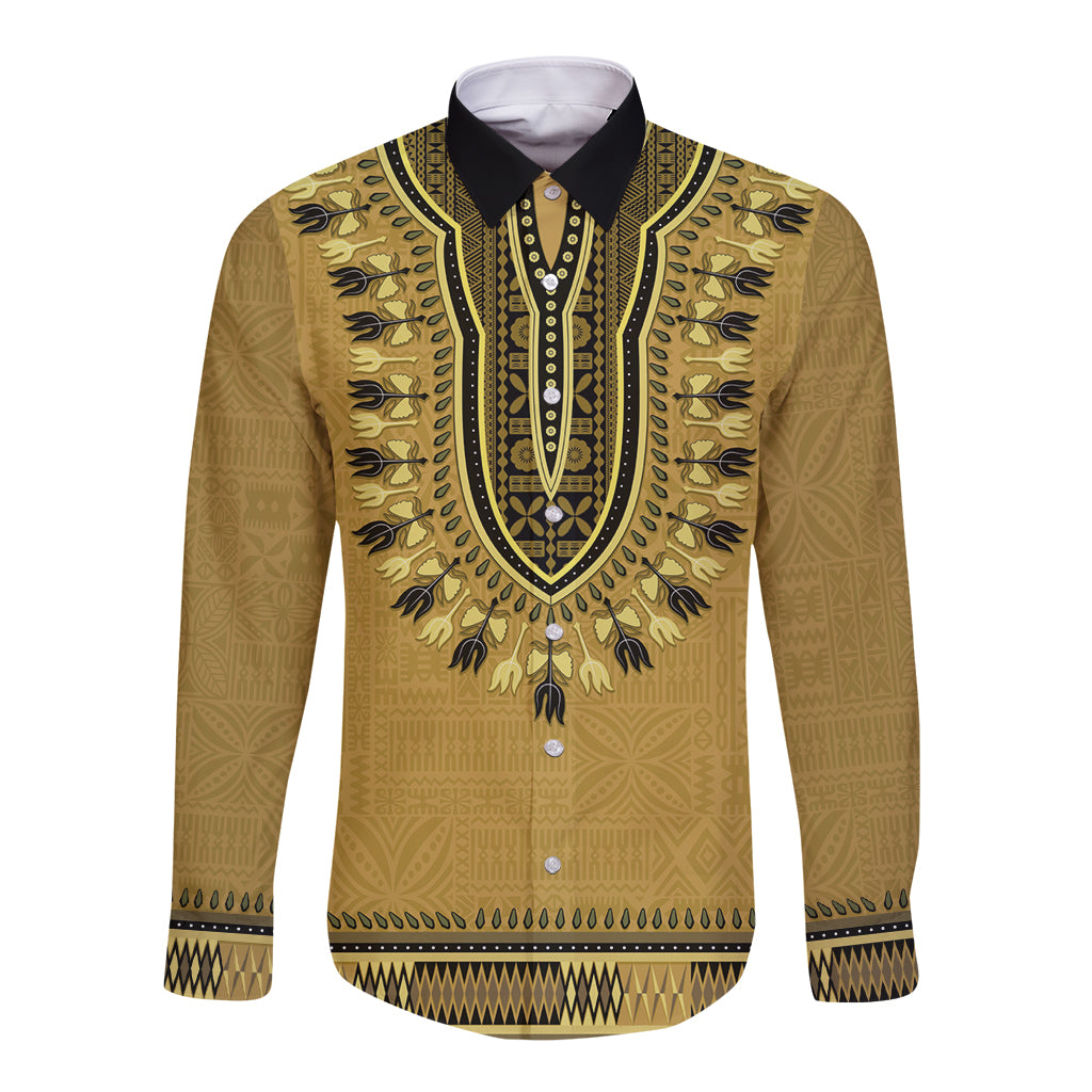 Gold African Dashiki With Fijian Tapa Pattern Long Sleeve Button Shirt LT14 Unisex Gold - Polynesian Pride