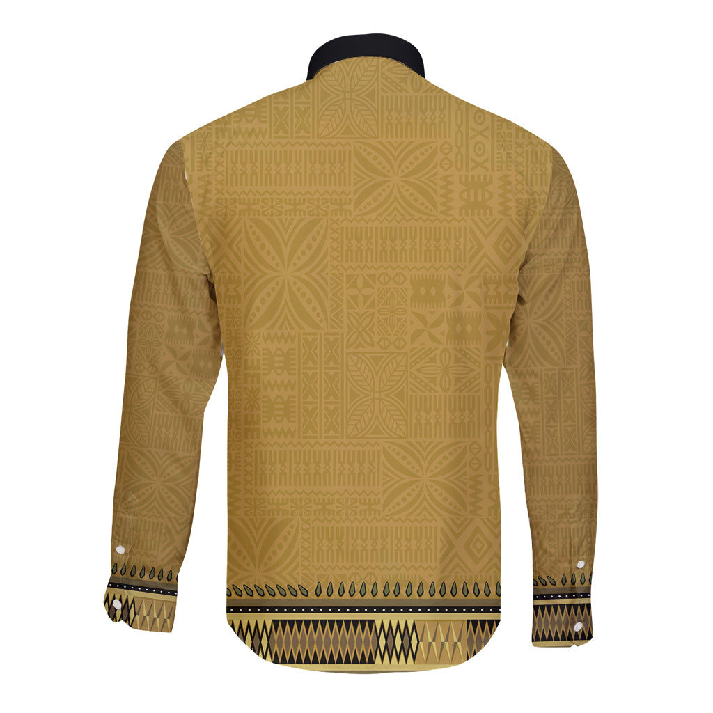 Gold African Dashiki With Fijian Tapa Pattern Long Sleeve Button Shirt LT14 - Polynesian Pride