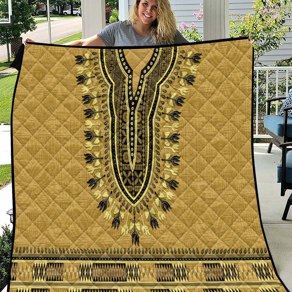 Gold African Dashiki With Fijian Tapa Pattern Quilt LT14 Gold - Polynesian Pride