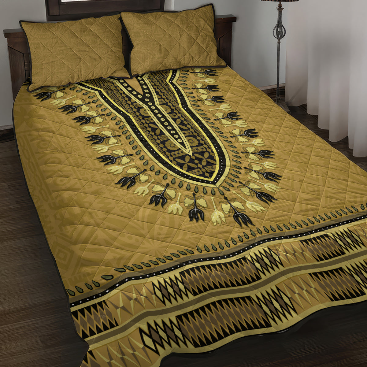 Gold African Dashiki With Fijian Tapa Pattern Quilt Bed Set LT14 Gold - Polynesian Pride