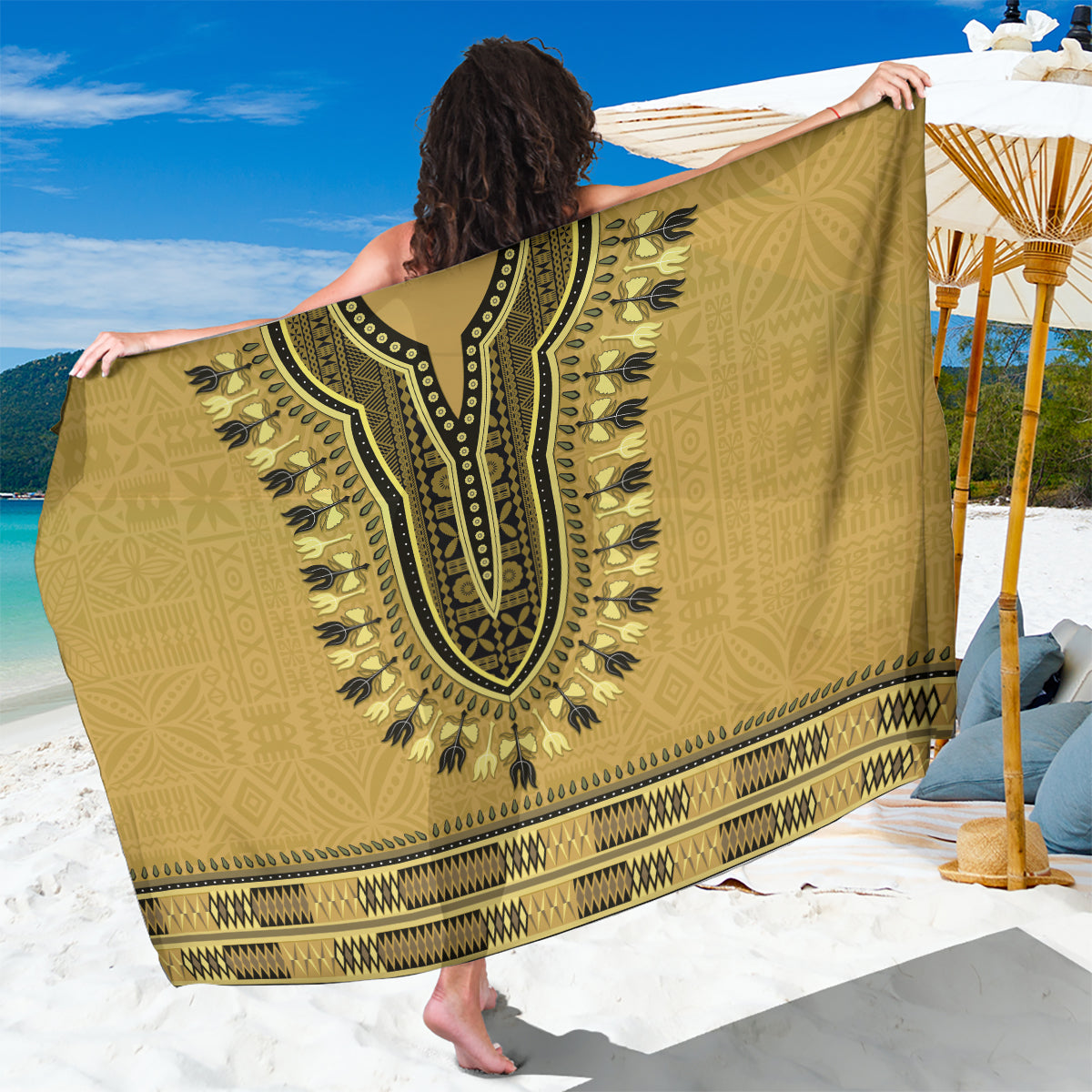 Gold African Dashiki With Fijian Tapa Pattern Sarong